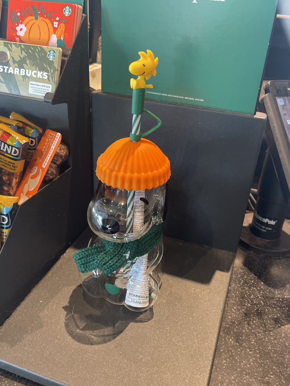 Starbucks Clear Snoopy Glass Tumbler with Orange Hat and Woodstock Straw Topper
